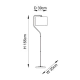 Line drawing of the Bevmere Floor Lamp in aged brass showing a curved stem, square fabric shade and round base, with dimensions H155cm, D39cm, W35cm.