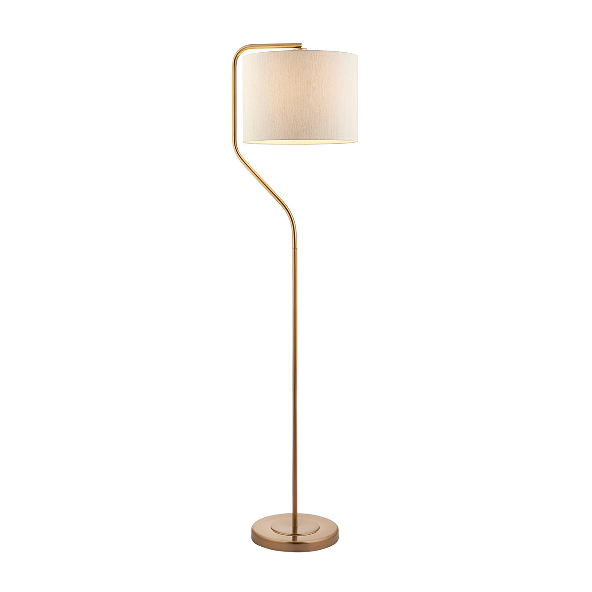 Bevmere Floor Lamp in aged brass with a curved metal stem, round base, and drum-shaped linen fabric shade, shown on a plain white background.