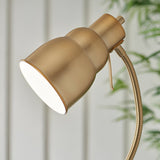 Close-up of the Endon Bevleigh floor lamp head in brushed aged brass, showing the bell-shaped shade and flexible gooseneck arm.