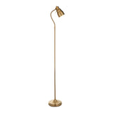 Endon Bevleigh brass floor lamp with a flexible gooseneck arm, single GU10 reader head and round base, shown on a plain white background.