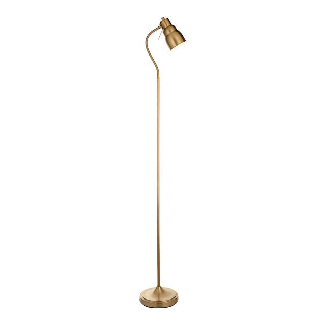 Endon Bevleigh brass floor lamp with a flexible gooseneck arm, single GU10 reader head and round base, shown on a plain white background.