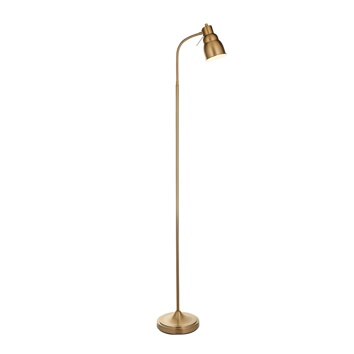 Endon Bevleigh floor lamp in brushed brass with a curved arm and single bell-shaped GU10 head on a round base, shown on a white background.