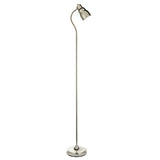 Endon Bevleigh floor lamp in nickel with a flexible gooseneck arm, single GU10 head and round base, shown on a plain white background.