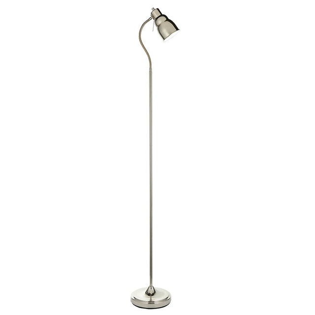 Endon Bevleigh floor lamp in nickel with a flexible gooseneck arm, single GU10 head and round base, shown on a plain white background.