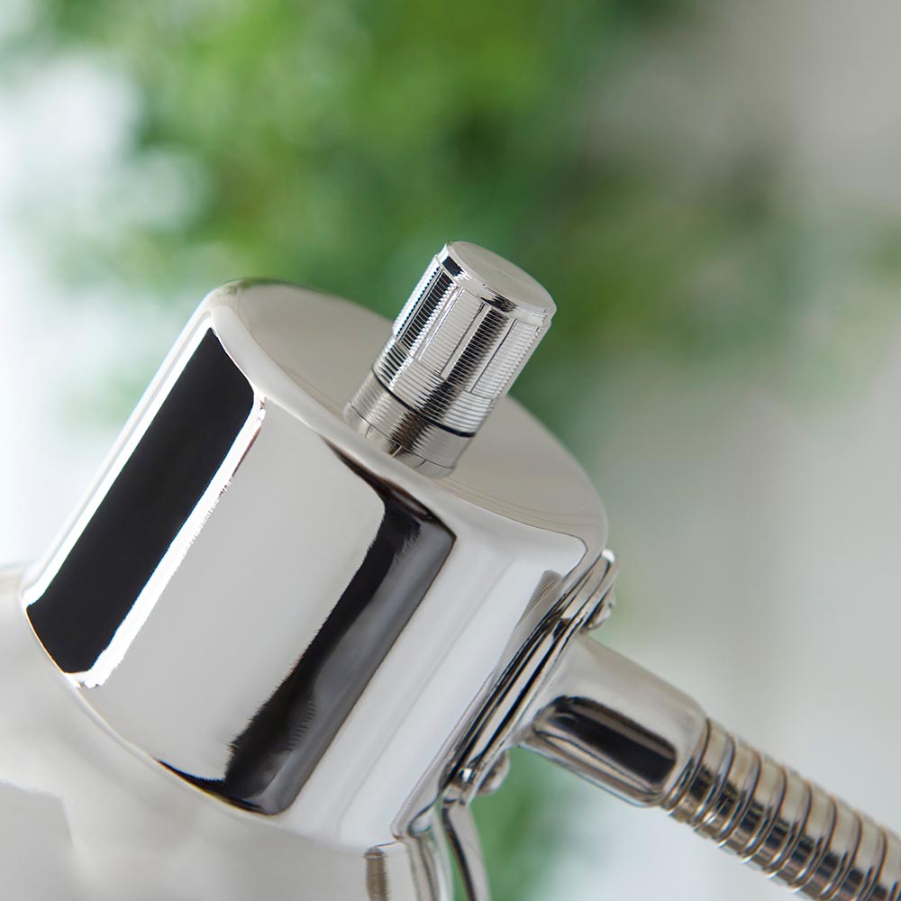 Close-up of the Endon Bevleigh floor lamp head in bright nickel, showing the polished chrome-finish shade, rotary switch and flexible arm.