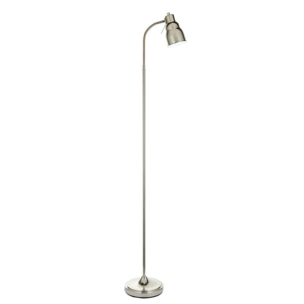 Endon Bevleigh floor lamp in bright nickel with a flexible gooseneck arm, single GU10 head and round base, shown on a plain white background.