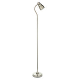Endon Bevleigh floor lamp in nickel with a flexible gooseneck arm, single GU10 head, slim stem and round base, shown on a plain white background.