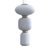 Whiteberries LED 3 Light Cluster Glass Pendant in Gold, three ribbed white glass shades of differing shapes stacked with gold collars and ceiling canopy, on a plain background.