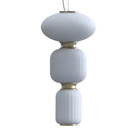 Whiteberries LED 3 Light Cluster Glass Pendant in Gold, three ribbed white glass shades of differing shapes stacked with gold collars and ceiling canopy, on a plain background.