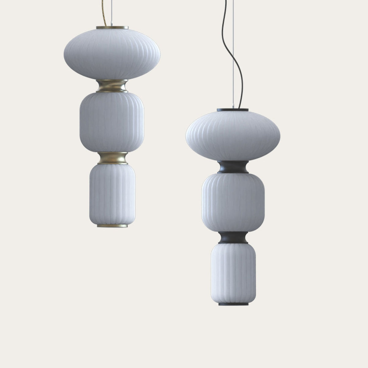 Whiteberries LED 3 Light Cluster Glass Pendant in Gold, two stacked ribbed white glass shade columns with gold collars and canopy, shown on a plain light background.