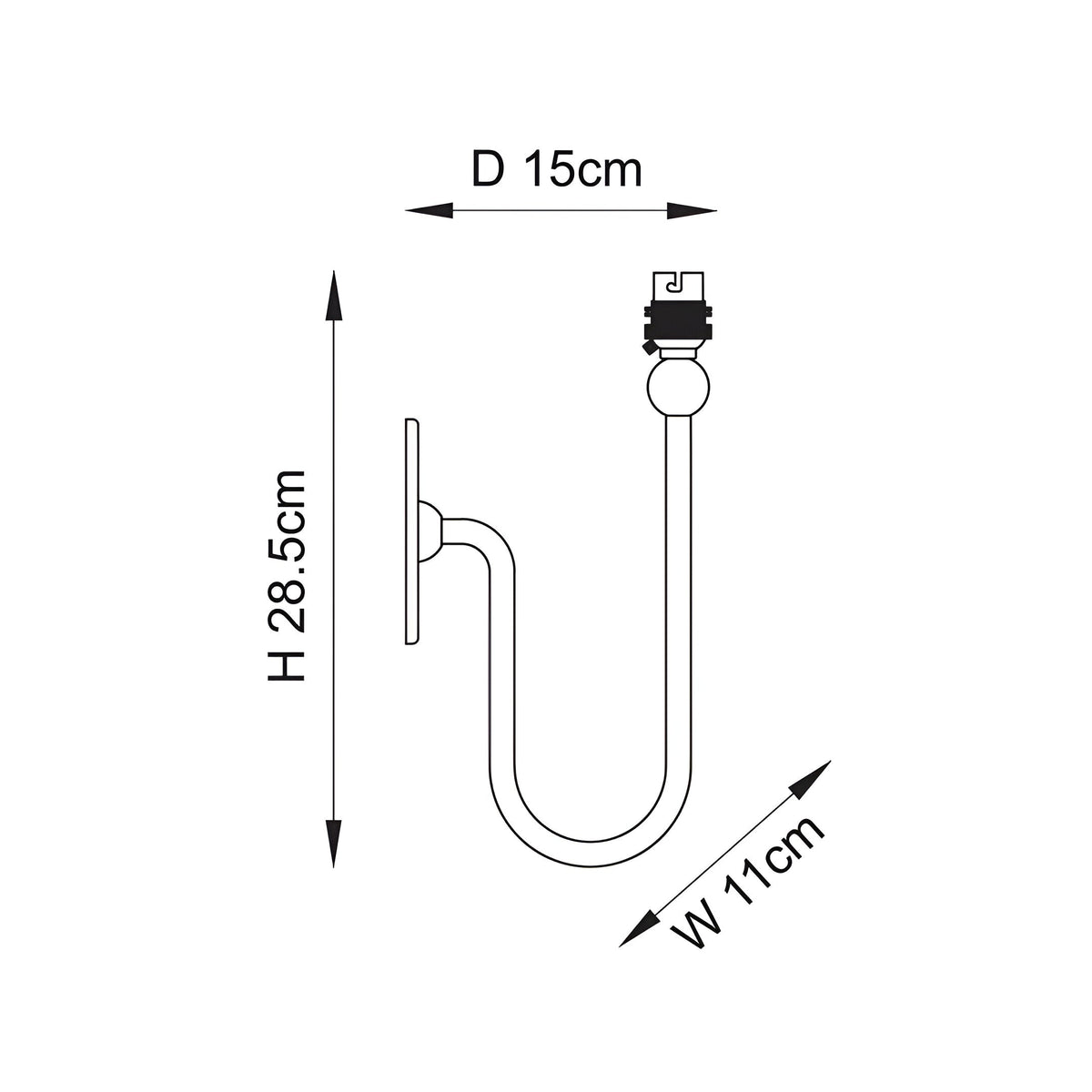 Dimensional line drawing of the Endon Cliffleigh brushed aged brass wall light showing height 28.5cm, width 11cm and projection 15cm.