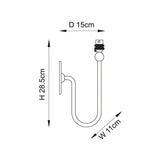 Dimensional line drawing of the Endon Cliffleigh brushed aged brass wall light showing height 28.5cm, width 11cm and projection 15cm.