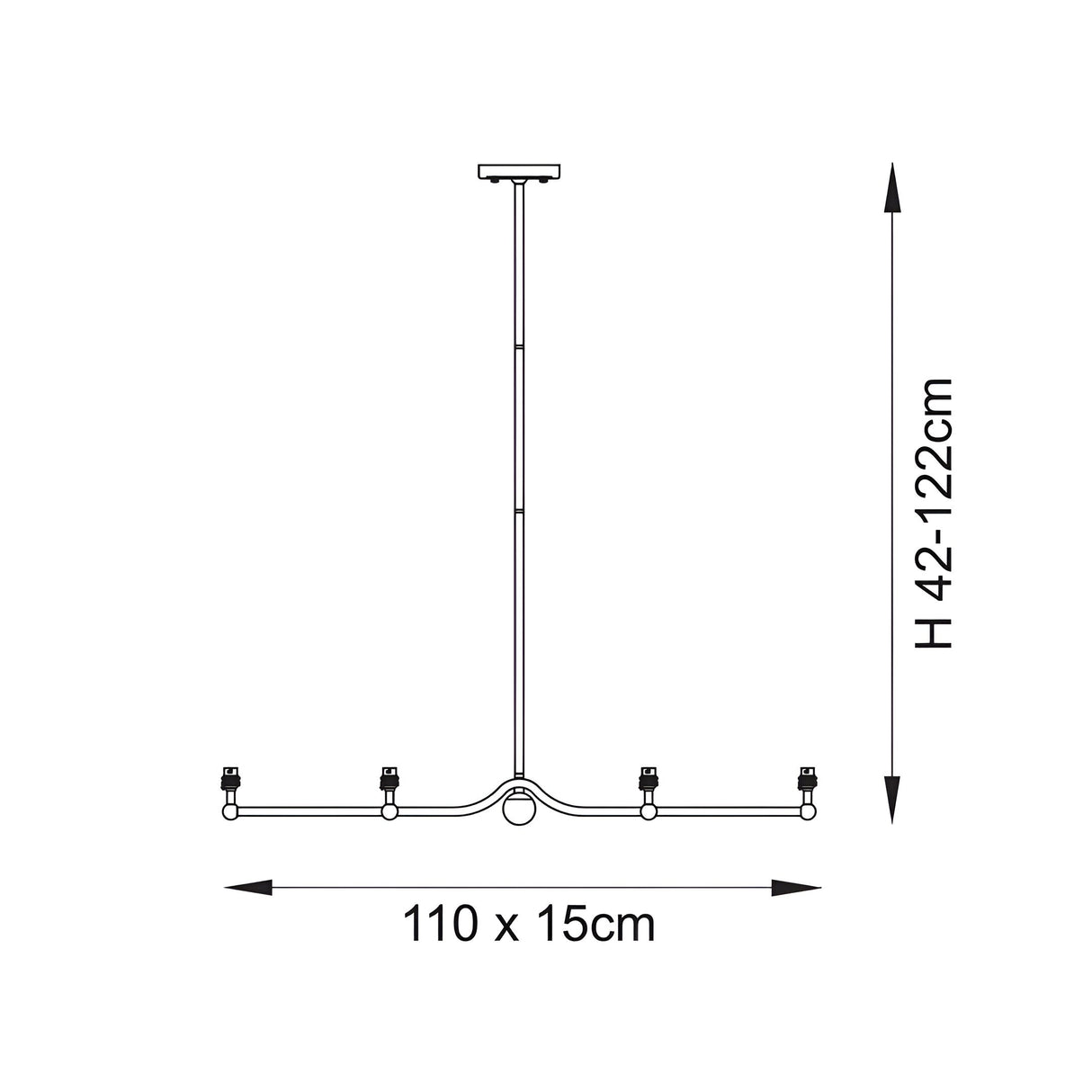 Dimension diagram of the Endon Cliffleigh 4 light linear pendant in brass, showing 110 x 15cm bar width and adjustable 42-122cm height.