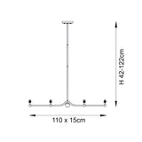 Dimension diagram of the Endon Cliffleigh 4 light linear pendant in brass, showing 110 x 15cm bar width and adjustable 42-122cm height.