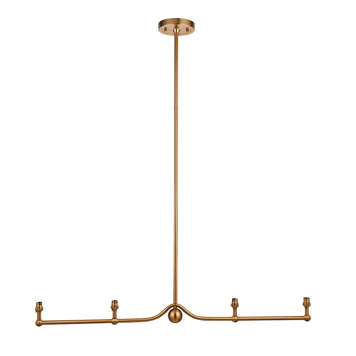 Endon Cliffleigh 4 light linear pendant in brushed aged brass, with a long central stem, horizontal bar, sphere detail and four B22 lamp holders.