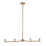 Endon Cliffleigh 4 light linear pendant in brushed aged brass, with a long central stem, horizontal bar, sphere detail and four B22 lamp holders.
