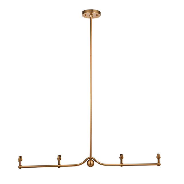 Endon Cliffleigh 4 light linear pendant in brushed aged brass, with a long central stem, horizontal bar, sphere detail and four B22 lamp holders.