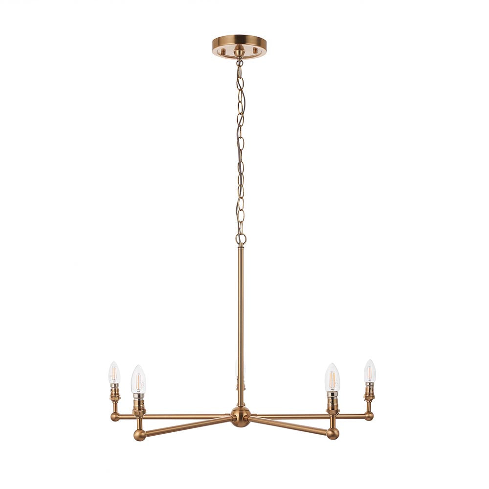 Cliffleigh 5 light pendant in brushed aged brass with exposed candle bulbs on a wide star-shaped frame, hung from a chain on a plain white background.