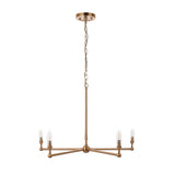 Cliffleigh 5 light pendant in brushed aged brass with exposed candle bulbs on a wide star-shaped frame, hung from a chain on a plain white background.