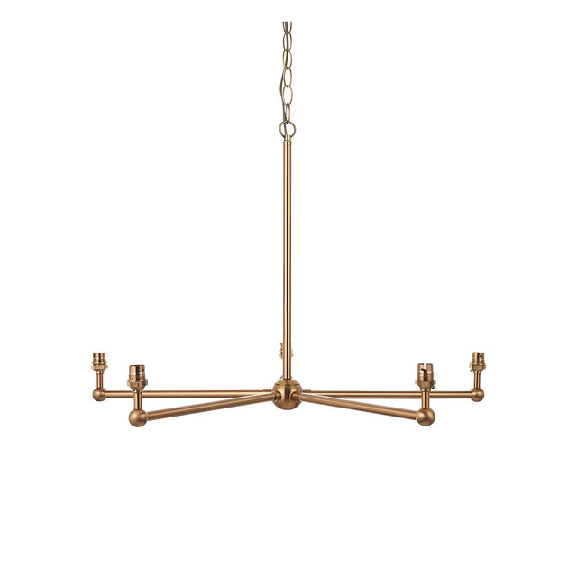 Cliffleigh 5 light pendant with brushed aged brass frame and B22 lamp holders on splayed arms, height-adjustable chain, no shades, plain white background.