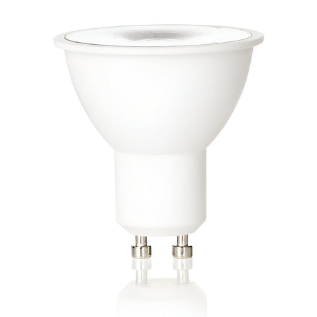 The 5W GU10 Non-Dimmable bulb emits a 3000K warm white light, boasting energy efficiency. Its round shape and two metal prongs allow for easy attachment, and it features a smooth surface with a slightly frosted cover on top. The bulb is set against a plain white background.
