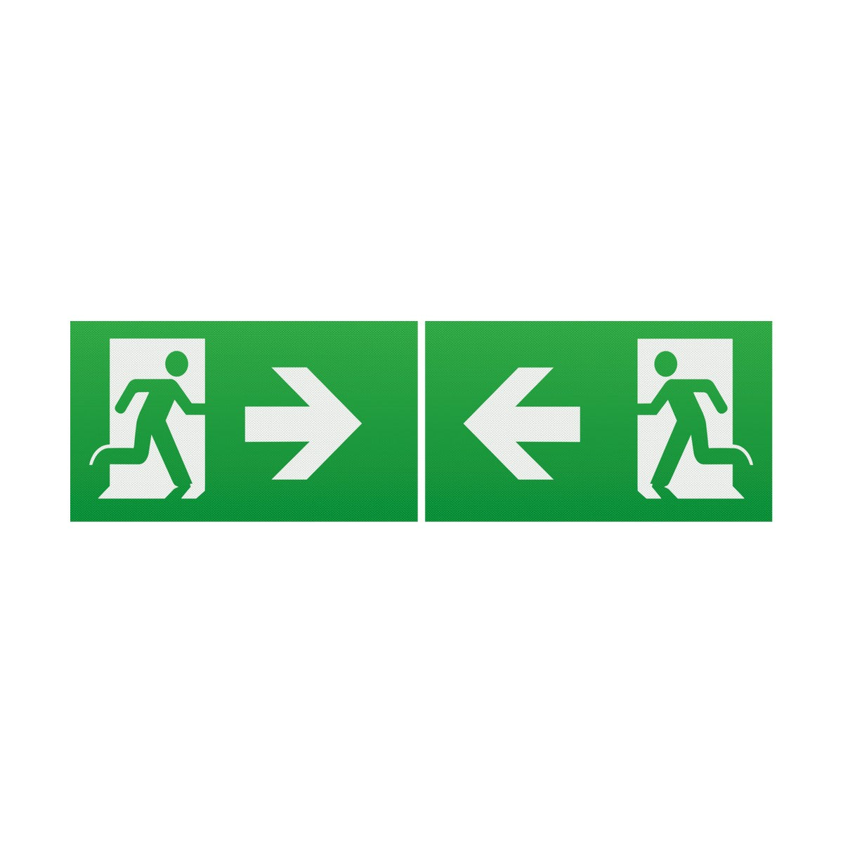 Introducing the "Running Man Arrow Left/Right (Kit Of 2) For EM Range": a green emergency exit sign featuring two polycarbonate panels. The left panel displays a running man with an arrow pointing right, while the right panel shows a similar figure indicating exits in both directions with arrows pointing left and right. Designed with IP20 protection for standard indoor environments.