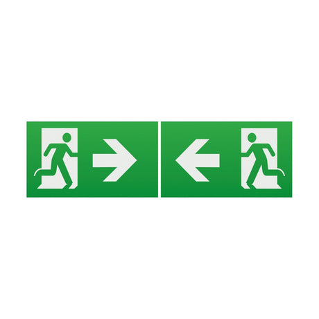 Introducing the "Running Man Arrow Left/Right (Kit Of 2) For EM Range": a green emergency exit sign featuring two polycarbonate panels. The left panel displays a running man with an arrow pointing right, while the right panel shows a similar figure indicating exits in both directions with arrows pointing left and right. Designed with IP20 protection for standard indoor environments.