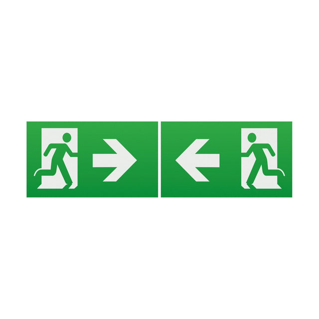 Introducing the "Running Man Arrow Left/Right (Kit Of 2) For EM Range": a green emergency exit sign featuring two polycarbonate panels. The left panel displays a running man with an arrow pointing right, while the right panel shows a similar figure indicating exits in both directions with arrows pointing left and right. Designed with IP20 protection for standard indoor environments.