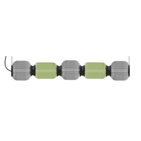 Greenberry LED 5 Light Ribbed Glass Linear Pendant Light in Grey and Green, five fluted glass shades joined by black collars on a horizontal bar, shown on a plain white background.