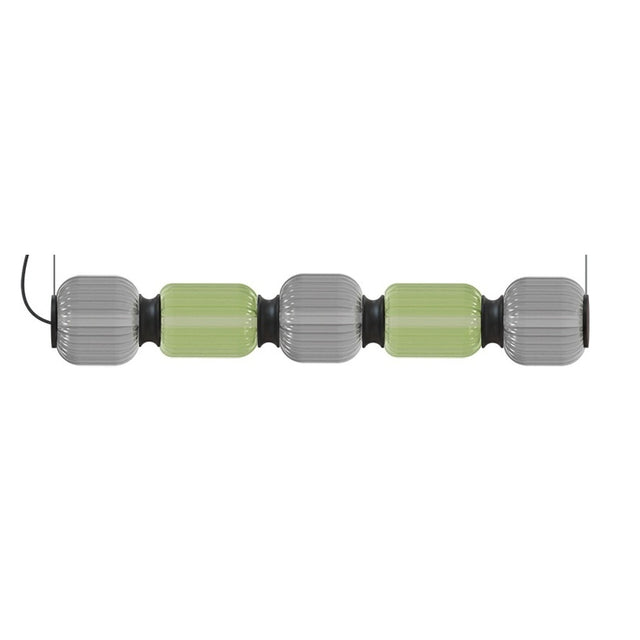Greenberry LED 5 Light Ribbed Glass Linear Pendant Light in Grey and Green, five fluted glass shades joined by black collars on a horizontal bar, shown on a plain white background.