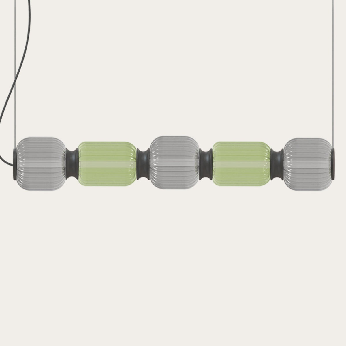 Greenberry LED 5 Light Ribbed Glass Linear Pendant Light in grey and green, with black collars joining the fluted glass shades on a plain light background.