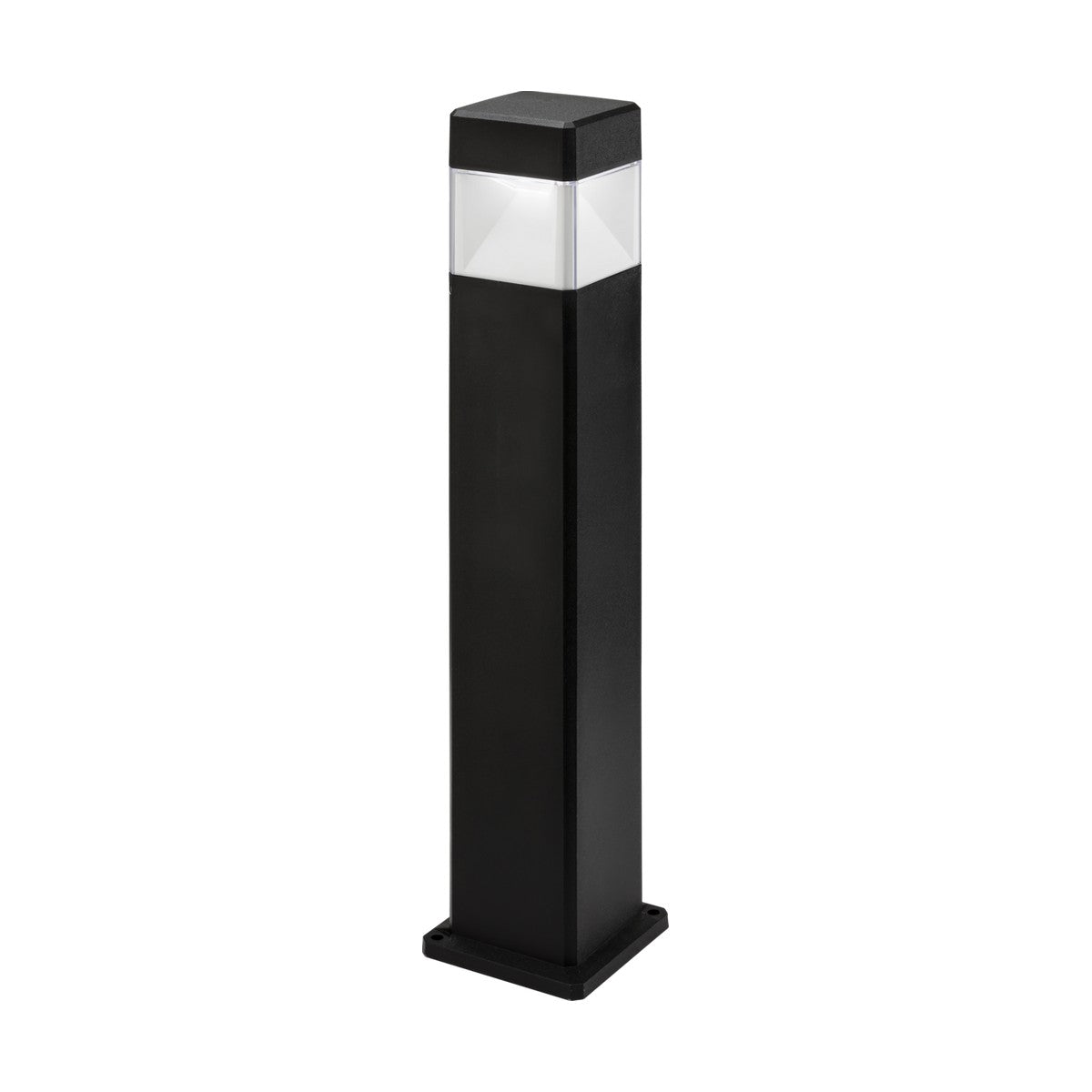 The 10W CCT LED Bollard Light - Black is a black, rectangular light with a transparent top section that emits adjustable color temperature. It stands on a small square base, perfect for pathways or garden outdoor lighting.