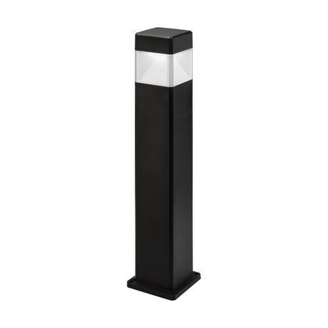 The 10W CCT LED Bollard Light - Black is a black, rectangular light with a transparent top section that emits adjustable color temperature. It stands on a small square base, perfect for pathways or garden outdoor lighting.