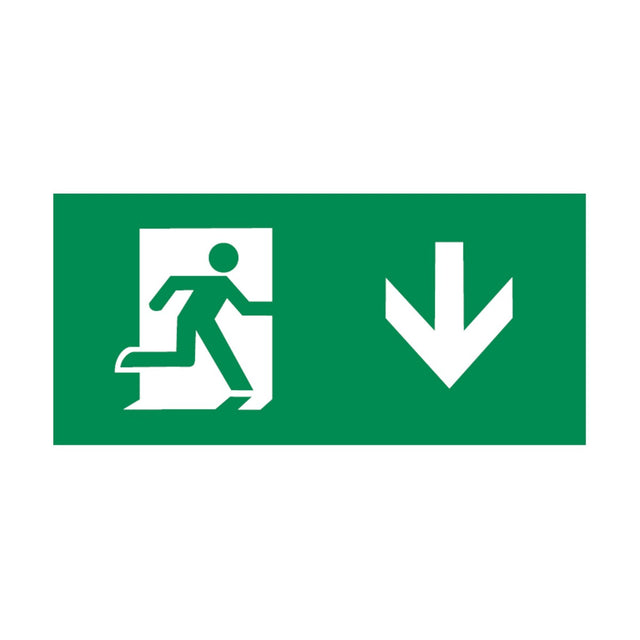 The Running Man With Down Facing Arrow sign from the EMRUN range showcases a white figure sprinting through a door on the left, accompanied by a downward-pointing arrow to signify the exit. Made from durable polycarbonate, it promises durability and is rated IP20 for indoor use.