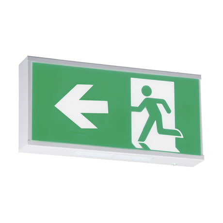 The Running Man With Left Facing Arrow from the EMRUN range, made from robust polycarbonate, displays a green and white design with an illustration of a person running through a door. An oversized arrow points to the left, clearly indicating the IP20-rated path to safety.