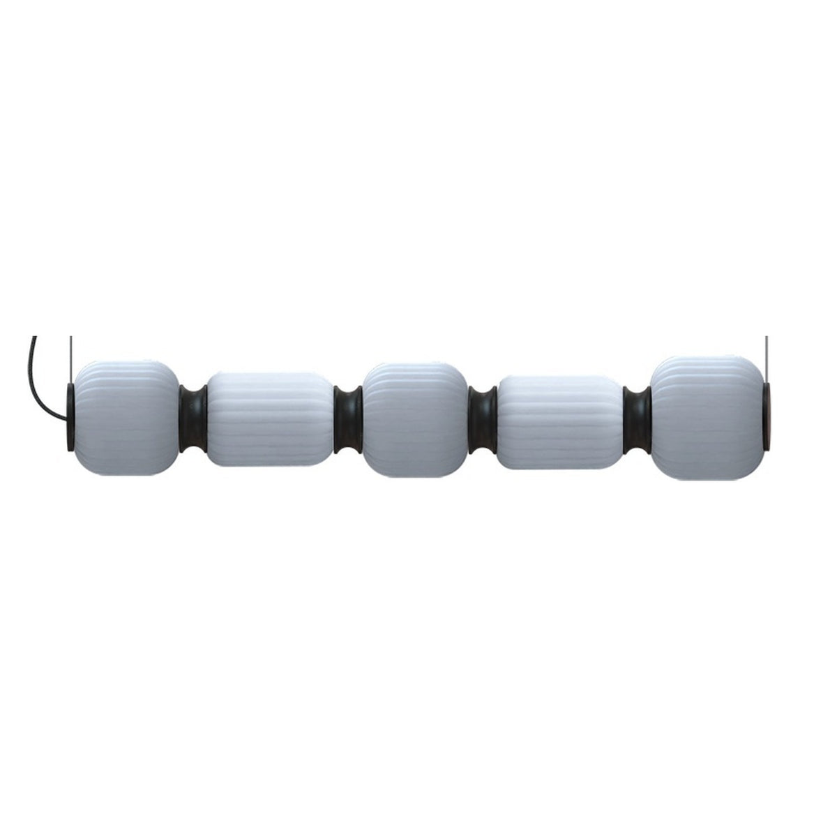 Whiteberries Echo LED 5-light linear pendant with ribbed glass shades in alternating rounded and cylindrical forms, joined by matt black iron connectors, on a plain white background.