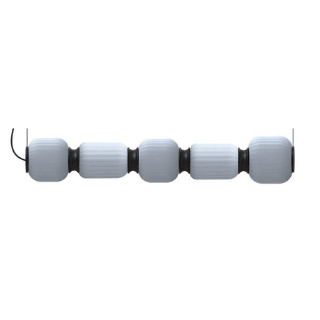 Whiteberries Echo LED 5-light linear pendant with ribbed glass shades in alternating rounded and cylindrical forms, joined by matt black iron connectors, on a plain white background.