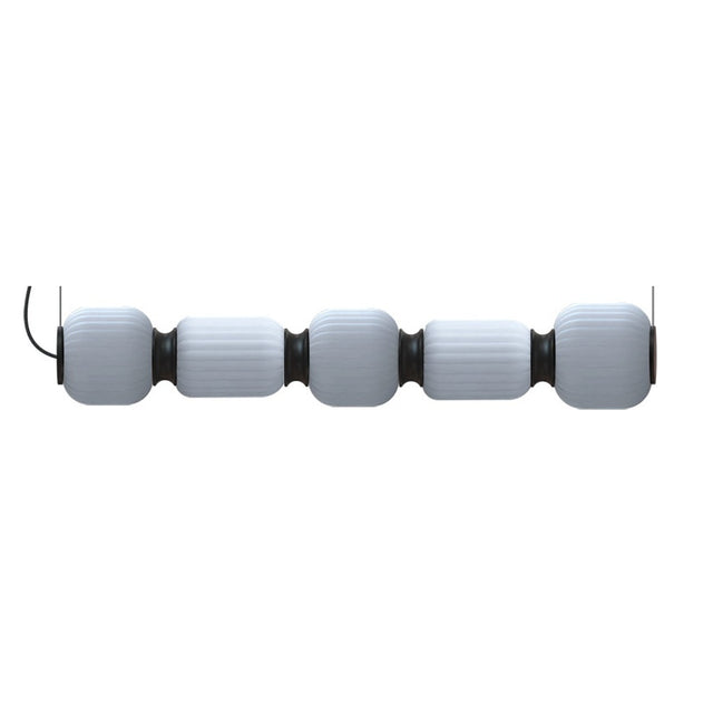 Whiteberries Echo LED 5-light linear pendant with ribbed glass shades in alternating rounded and cylindrical forms, joined by matt black iron connectors, on a plain white background.