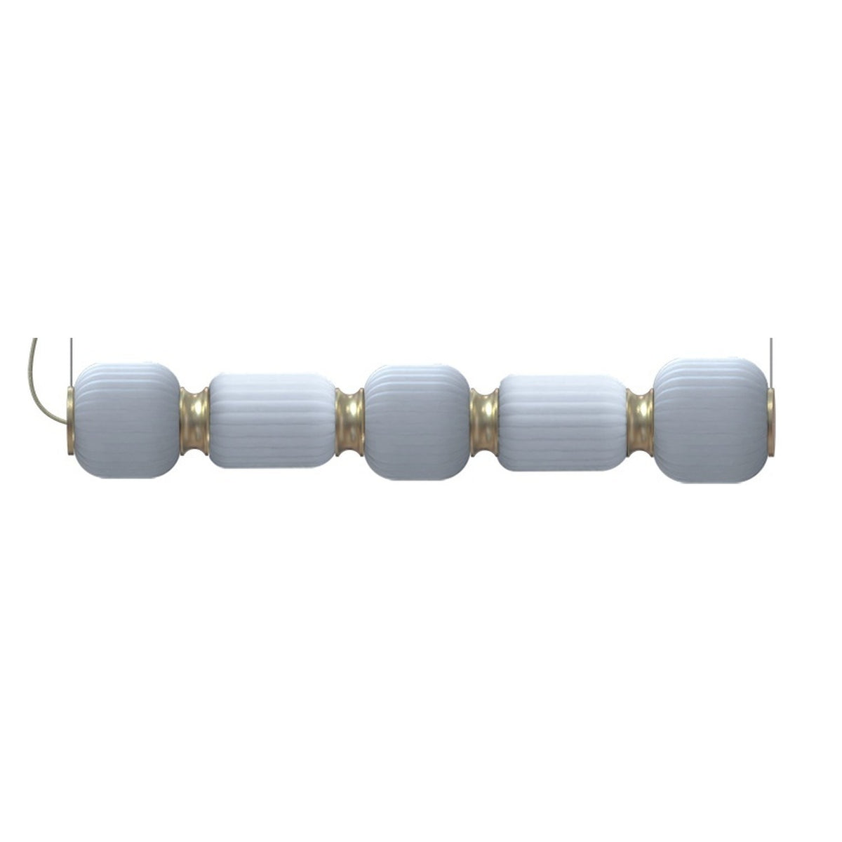 Whiteberries Echo LED 5 Light Ribbed Glass Pendant in Gold, a linear fixture with alternating rounded and slim white glass shades joined by gold collars, shown on a plain white background.