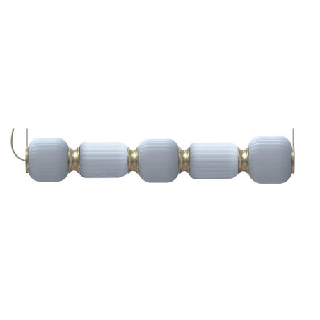 Whiteberries Echo LED 5 Light Ribbed Glass Pendant in Gold, a linear fixture with alternating rounded and slim white glass shades joined by gold collars, shown on a plain white background.