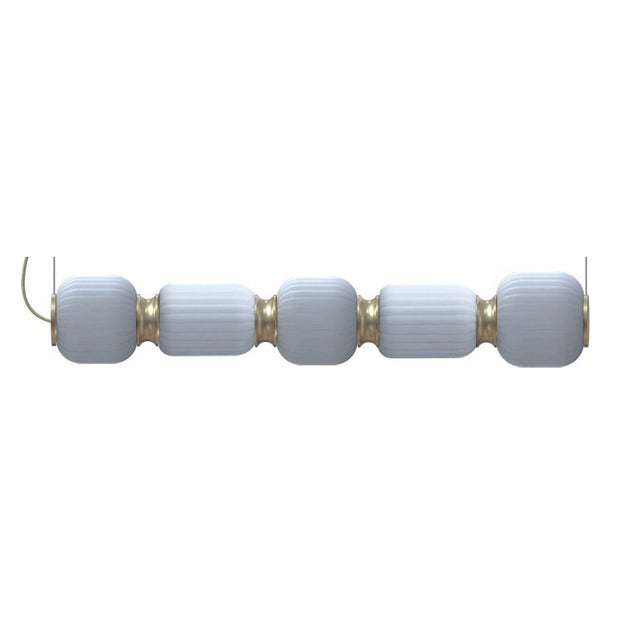 Whiteberries Echo LED 5 Light Ribbed Glass Pendant in Gold, a linear fixture with alternating rounded and slim white glass shades joined by gold collars, shown on a plain white background.