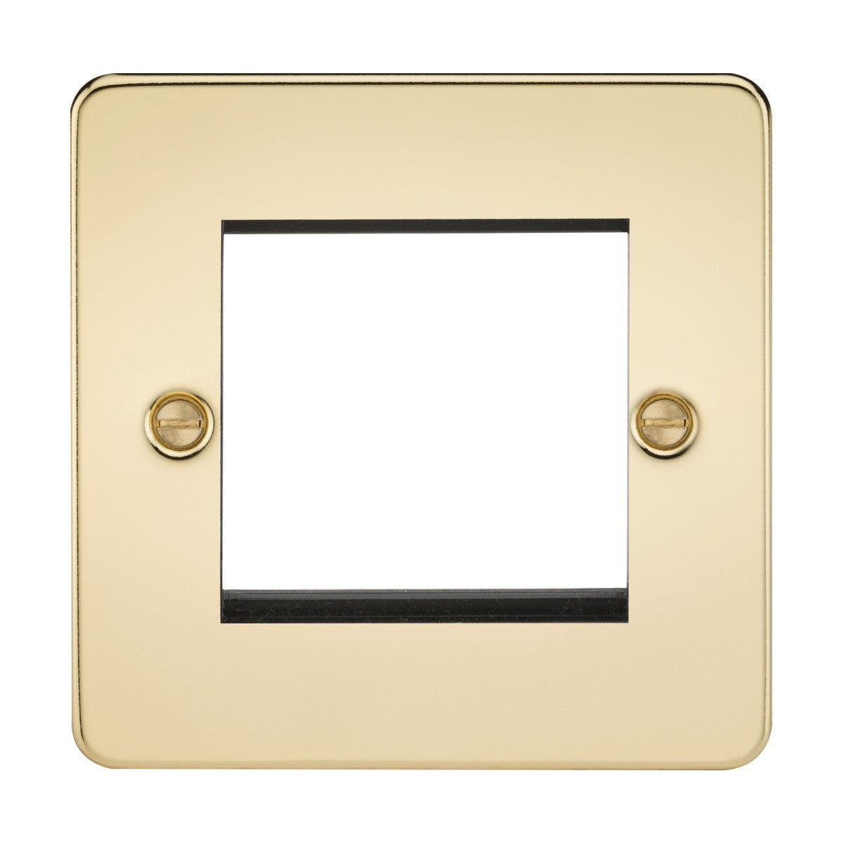 A 2 Gang Modular Faceplate in polished brass with a sleek and reflective finish, featuring a flat plate design. This gold-colored faceplate includes two screws and has a rectangular cutout for accommodating switches or outlets.