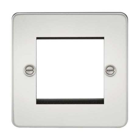 The 2 Gang Modular Faceplate - Polished Chrome (Flat Plate) is a square metallic frame designed for wall switches or outlets, featuring a central cutout and crafted in polished chrome. It includes two screws on each side for mounting and showcases a smooth, reflective flat plate design.