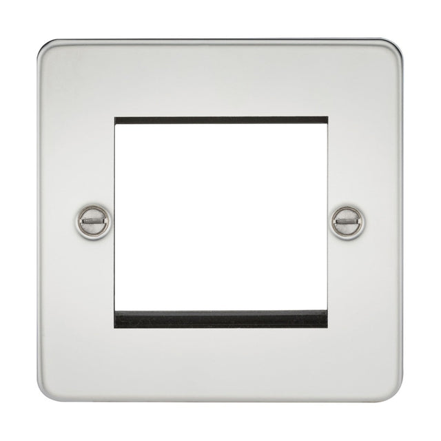 The 2 Gang Modular Faceplate - Polished Chrome (Flat Plate) is a square metallic frame designed for wall switches or outlets, featuring a central cutout and crafted in polished chrome. It includes two screws on each side for mounting and showcases a smooth, reflective flat plate design.