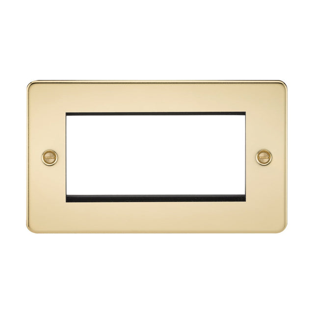 Polished brass flat plate faceplate with a low-profile design, featuring a single large central opening and two screw holes for mounting. Ideal for bespoke installations.