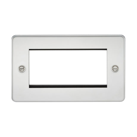 The 4 Gang Modular Faceplate - Polished Chrome (Flat Plate) is designed for a sleek appearance with its polished chrome finish. It features a central cutout and two screw holes on each side, making it perfect for seamless installation over electrical or data outlets that are compatible with euro modules.