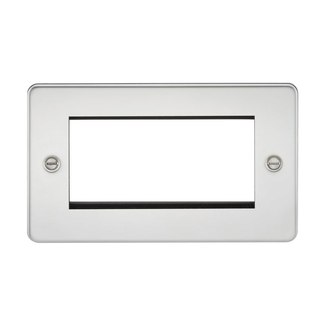 The 4 Gang Modular Faceplate - Polished Chrome (Flat Plate) is designed for a sleek appearance with its polished chrome finish. It features a central cutout and two screw holes on each side, making it perfect for seamless installation over electrical or data outlets that are compatible with euro modules.