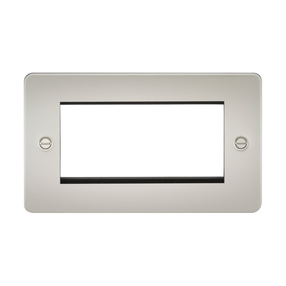 The 4 Gang Modular Faceplate - Pearl boasts a rectangular silver design with a spacious central opening, perfect for euro module installation. Made from premium-grade steel, it offers a sleek, low-profile look and includes two side screw holes for simple mounting over electrical outlets or switches.
