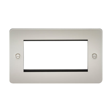 The 4 Gang Modular Faceplate - Pearl boasts a rectangular silver design with a spacious central opening, perfect for euro module installation. Made from premium-grade steel, it offers a sleek, low-profile look and includes two side screw holes for simple mounting over electrical outlets or switches.