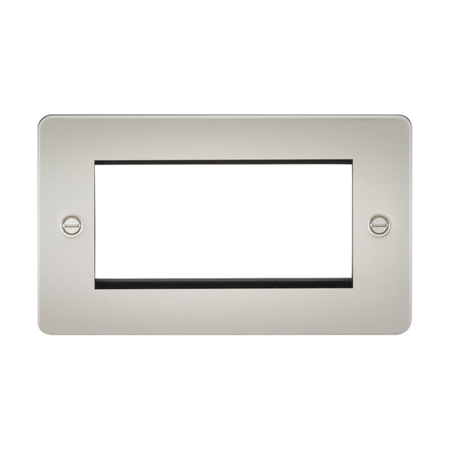 The 4 Gang Modular Faceplate - Pearl boasts a rectangular silver design with a spacious central opening, perfect for euro module installation. Made from premium-grade steel, it offers a sleek, low-profile look and includes two side screw holes for simple mounting over electrical outlets or switches.
